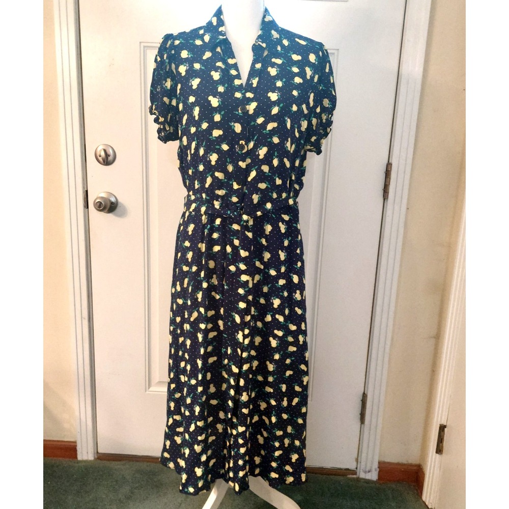 Talbots Shirt Dress 14 Navy Yellow Lemons Button Front Belted Midi Cottage Core